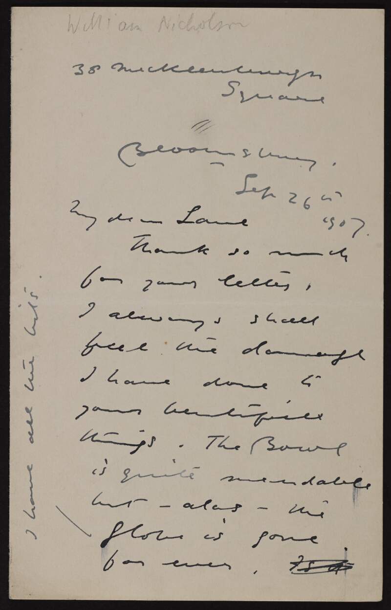 Letter from William Newzam Prior Nicholson to Hugh Lane saying he is glad to hear of the success in "getting his house to hang your pictures in",