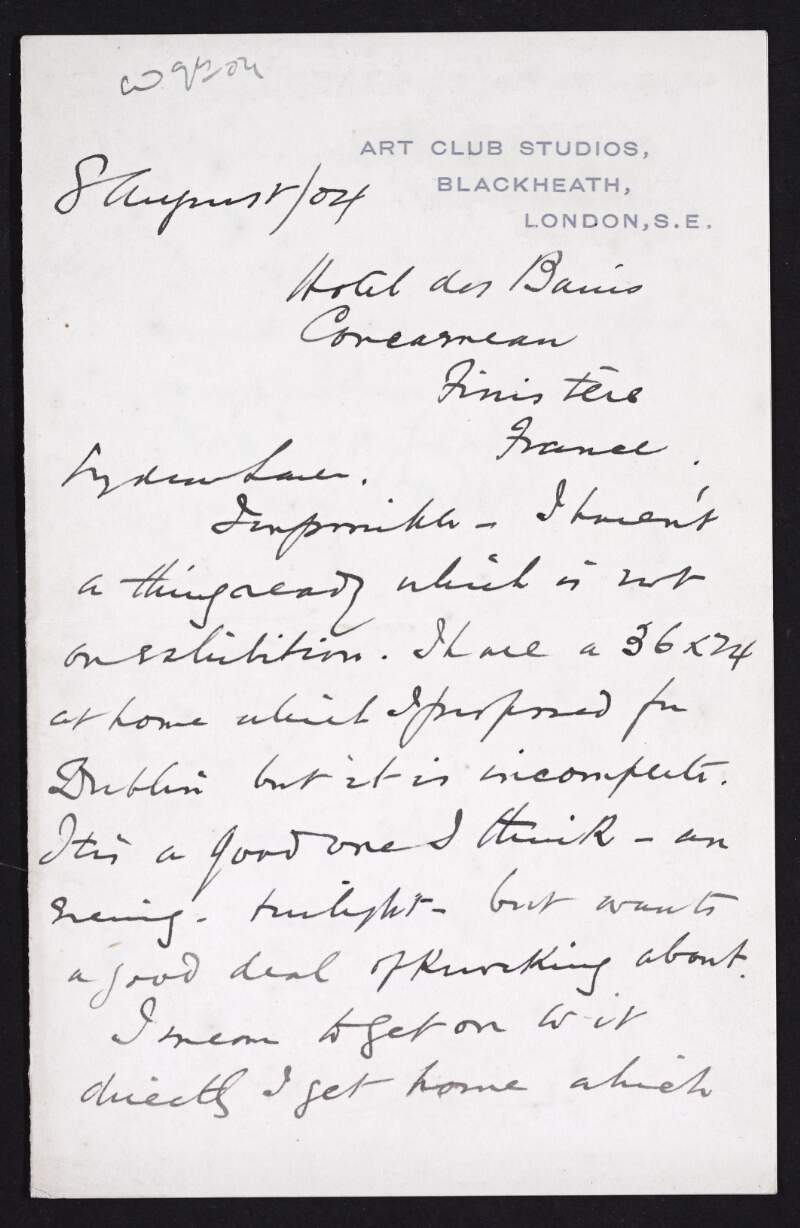 Letter from Terrick Williams to Hugh Lane regarding a picture which will not be ready for exhibition at the Guildhall but which he is proposing for Dublin,