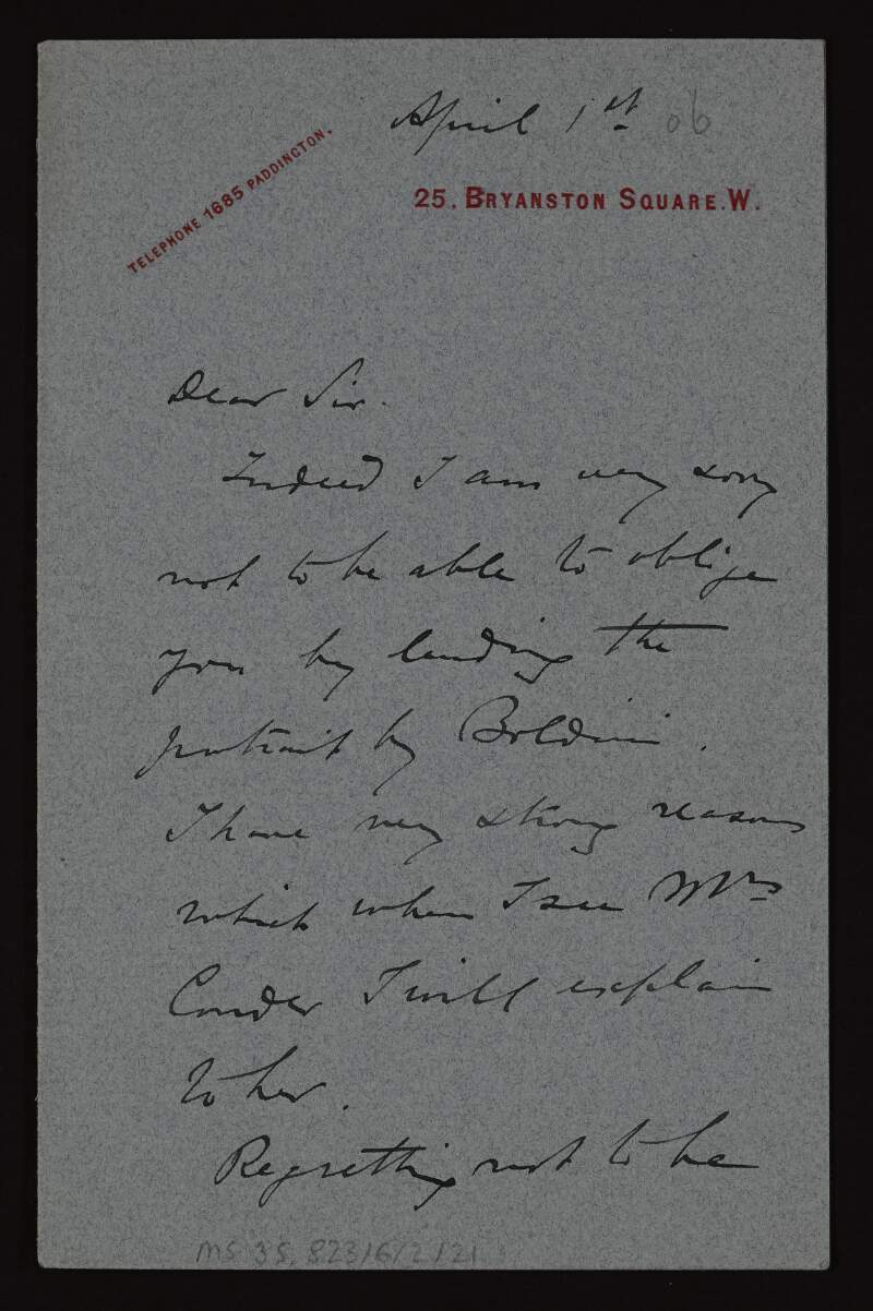Letter from José Tomás Errázuriz to [Hugh Lane] regretting he cannot lend the portrait by [Giovanni] Boldini,