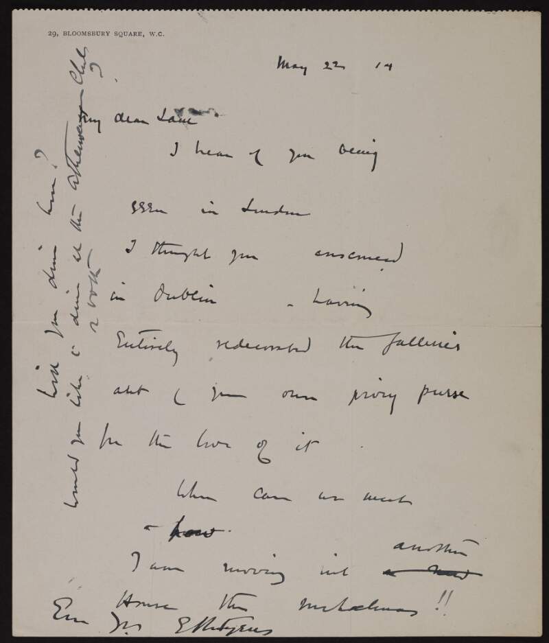 Letter from Sir Edwin Landseer Lutyens to Hugh Lane regarding Lane being back in London and arranging to meet and dine,