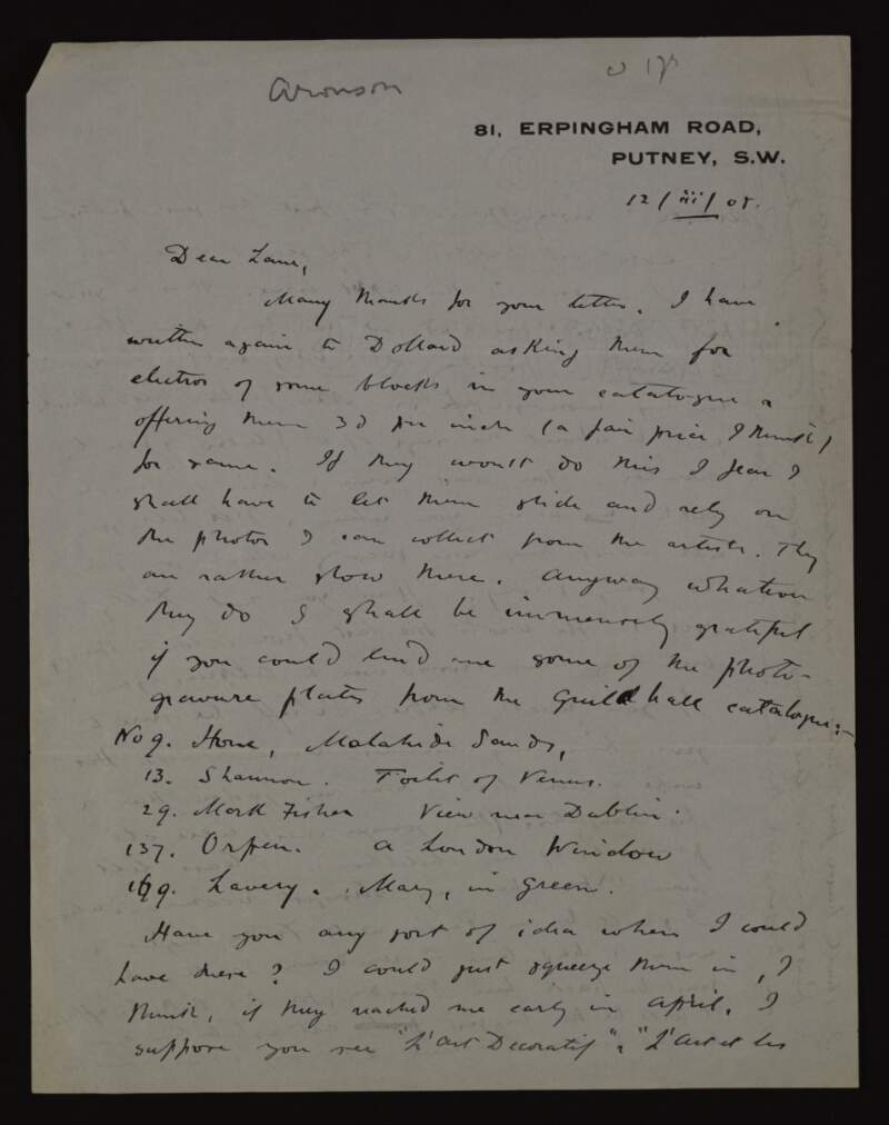 Letter from Frank Rutter to Hugh Lane, asking him to loan five photographs from the Guildhall catalogue with a list of their names and numbers,
