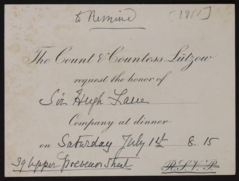 Invitation from the Count and Countess Lützow to Hugh Lane requesting his company at dinner, annotated with "to remind",
