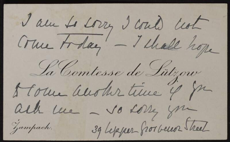 Visting card of Countess Anna Lützow to Hugh Lane apologising for being unable to meet him that day and Lane being unable to attend lunch,