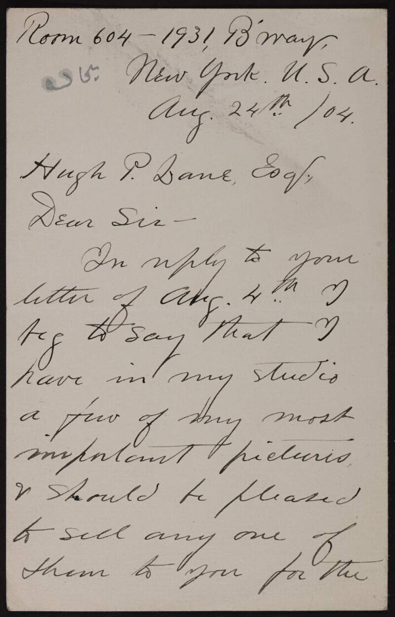 Letter from William Edward Norton to Hugh Lane advising that he would be willing to sell some pictures for the proposed new gallery,
