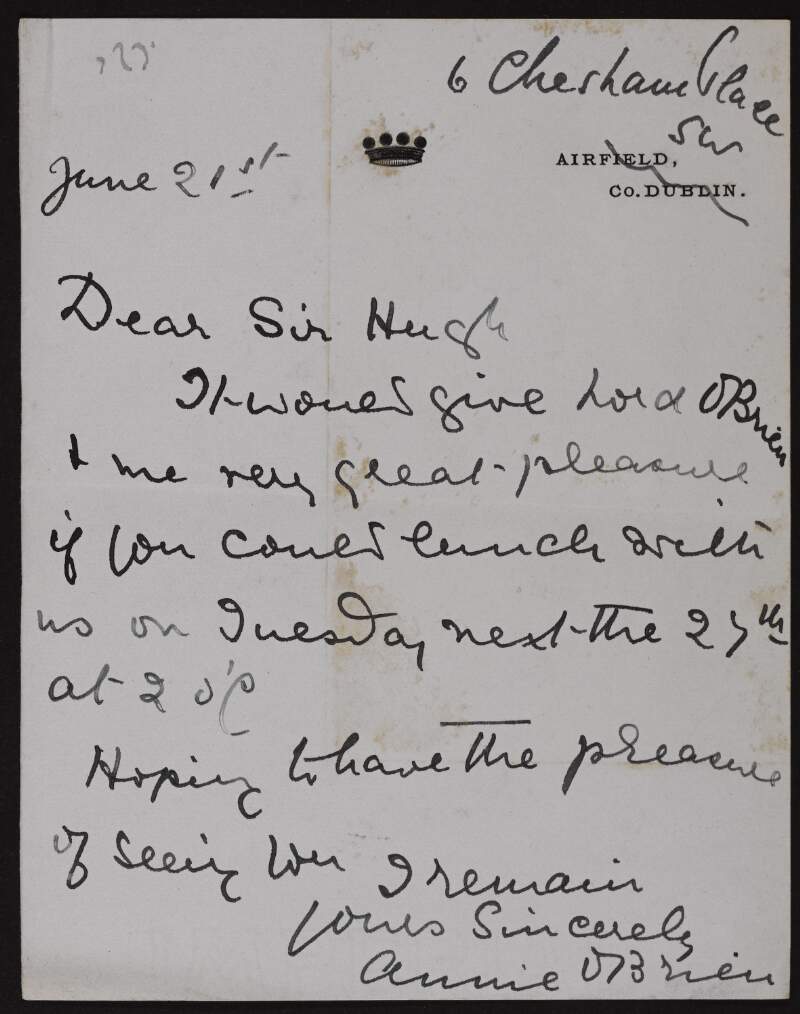 Letter from Annie O'Brien to Hugh Lane inviting him to lunch,