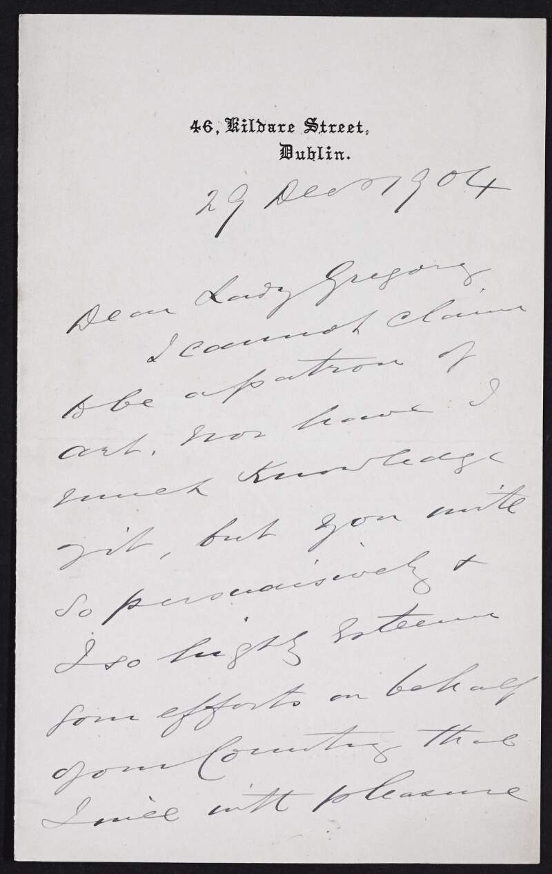 Letter from Benjamin Whitney to Lady Augusta Gregory agreeing to donate five guineas to a modern art gallery for Dublin,