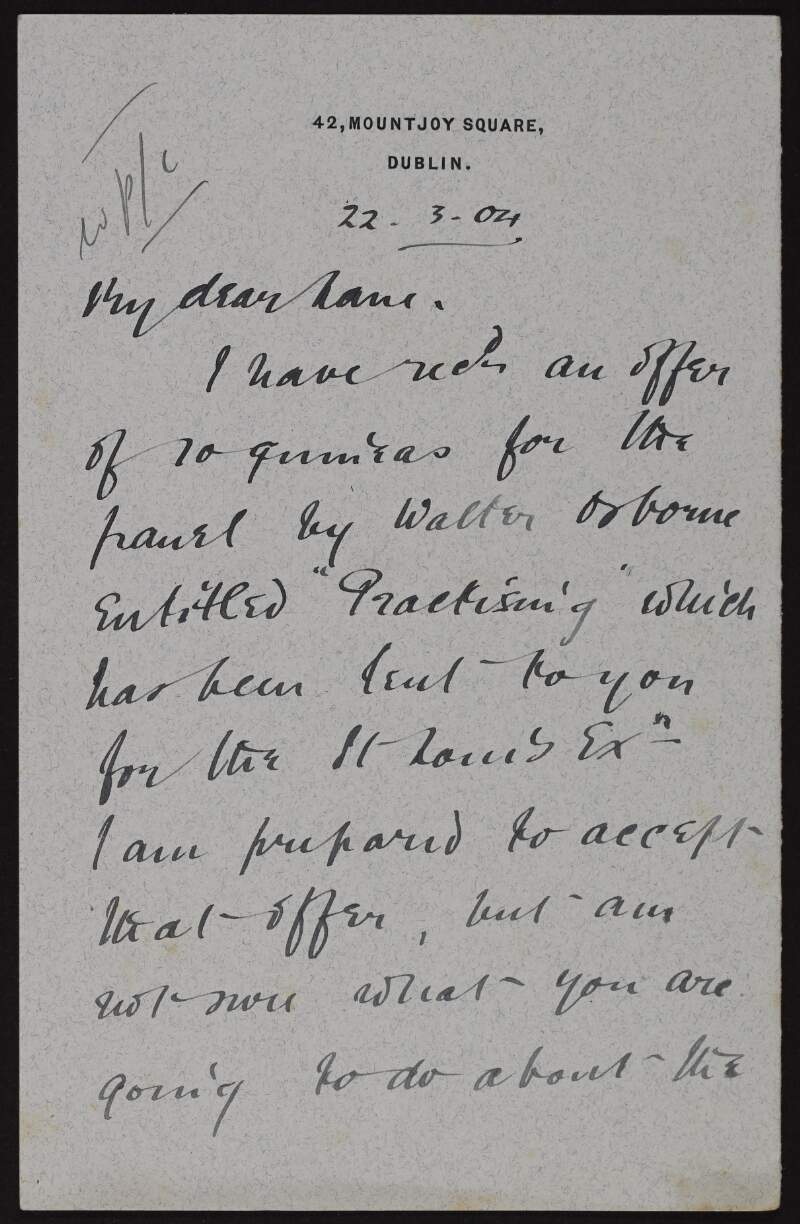 Letter from Dermod O'Brien to Hugh Lane relating to a Walter Osborne painting,
