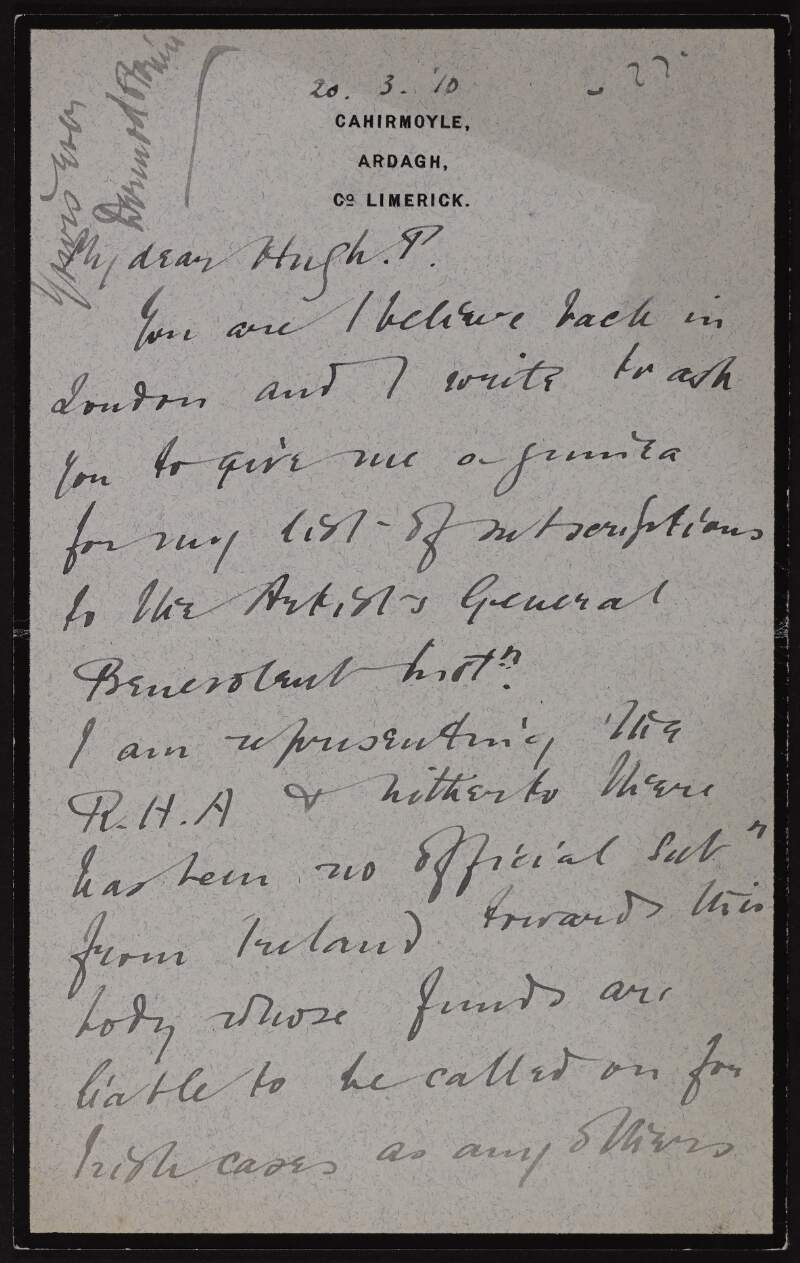 Letter from Dermod O'Brien to Hugh Lane alluding to a RHA presentation he is giving,