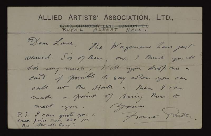 Postcard from Frank Rutter to Hugh Lane, saying that six Thomas Charles Wagemans pictures have arrived,