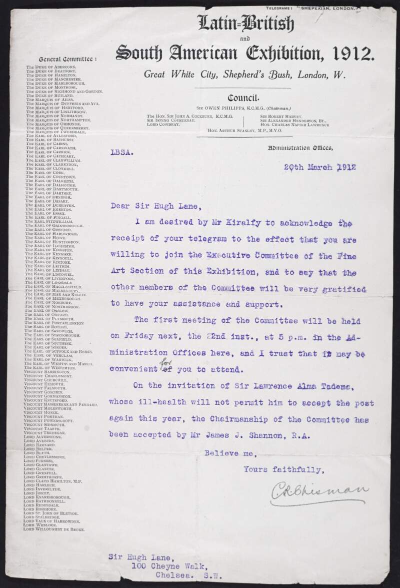Letter from C.R. Chisman to Hugh Lane accepting Lane onto the executive committee of the fine art section of the Latin-British and South American Exhibition of 1912,