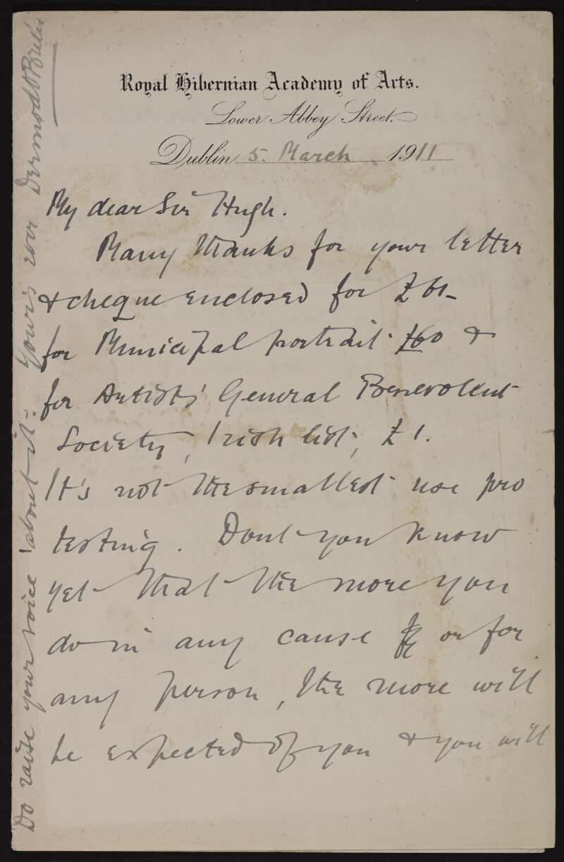 Letter from Dermod O'Brien to Hugh Lane saying there will probably be no Irish section at the Coronation Exhibition,