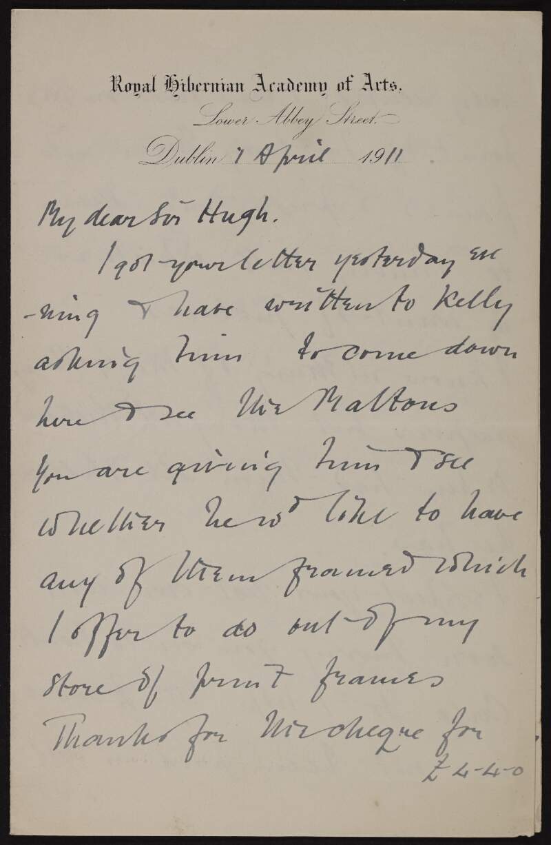 Letter from Dermod O'Brien to Hugh Lane in which he says he knows nothing of the gallery papers,