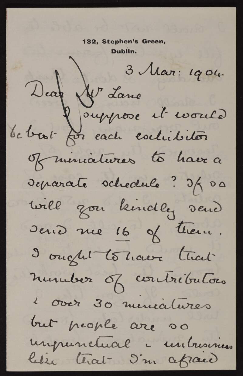 Letter from Dermod O'Brien to Hugh Lane regarding an exhibition of miniatures,