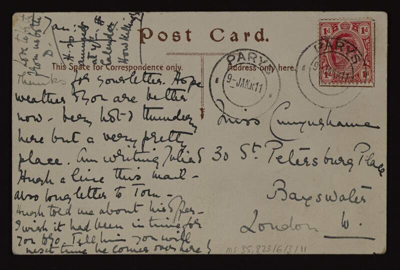 Postcard from "D." to Miss [Ida?] Cunynghame regarding an offer by Hugh Lane,
