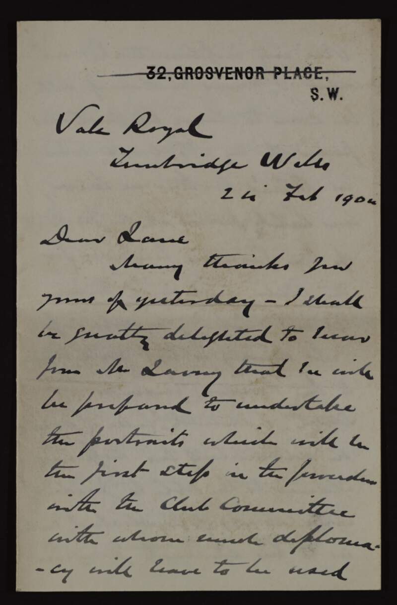 Letter from Richard Sankey to Hugh Lane, regarding portraits and how much diplomacy will be needed in dealing with the club committee,