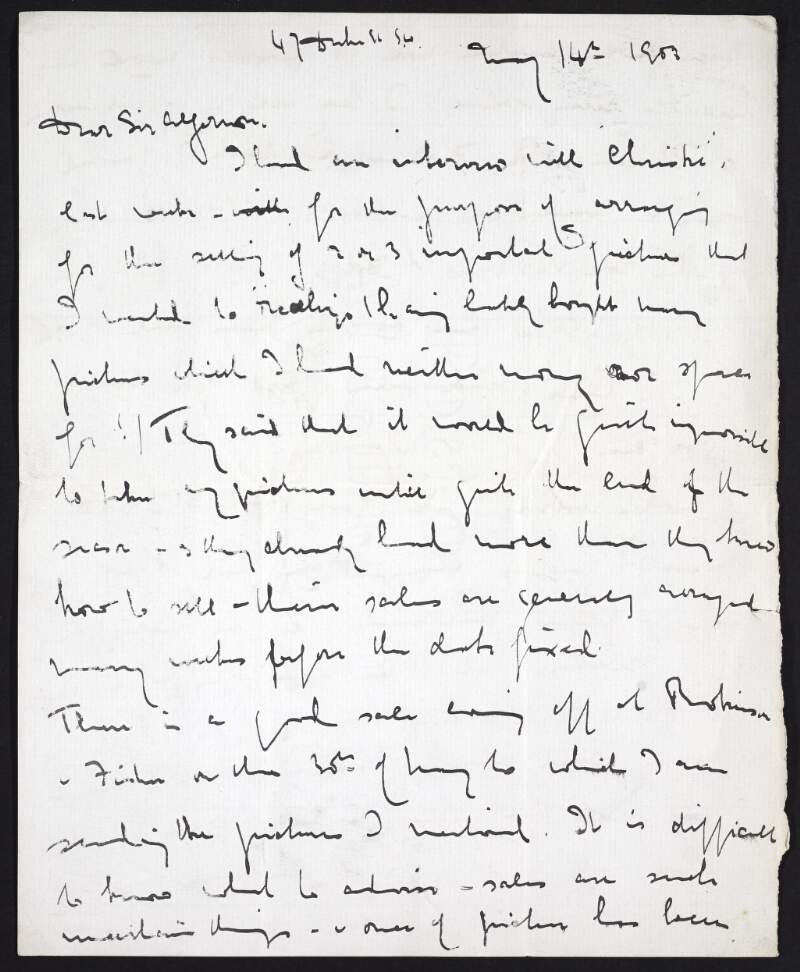 Letter from Hugh Lane to Sir Algernon [Coote?] regarding picture sales, valuations and the condition of pictures and frames,