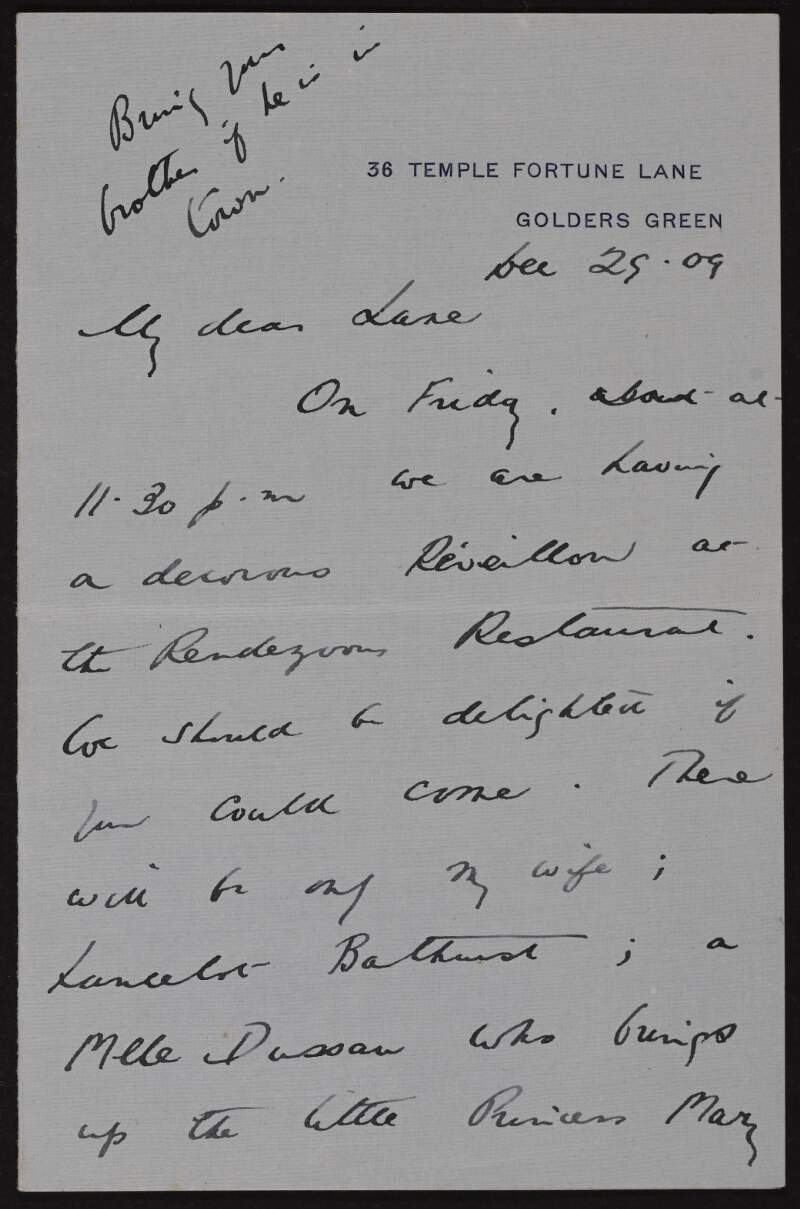 Letter from Ernest Oldmeadow to Hugh Lane inviting him to a réveillon,