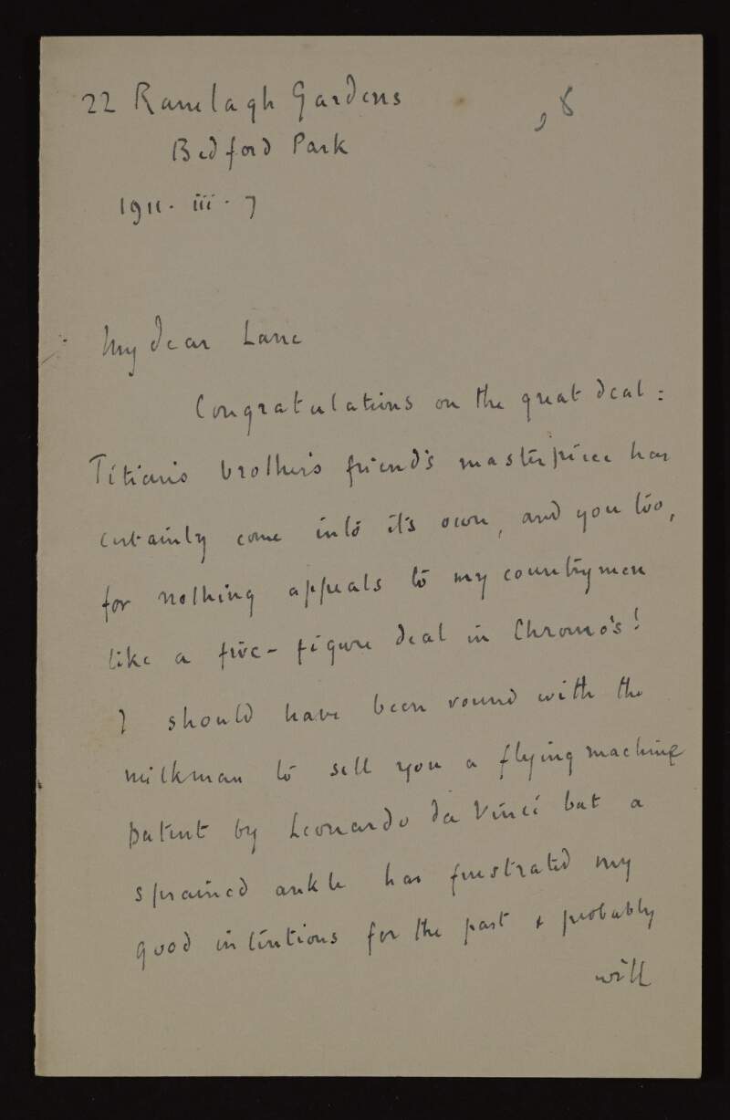 Letter from [Ella ...?] to Hugh Lane congratulating him on his "great deal",