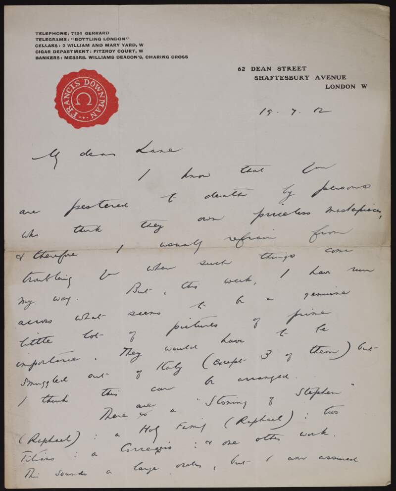 Letter from Ernest Oldmeadow to Hugh Lane regarding a collection of Italian paintings purported to be of prime importance,