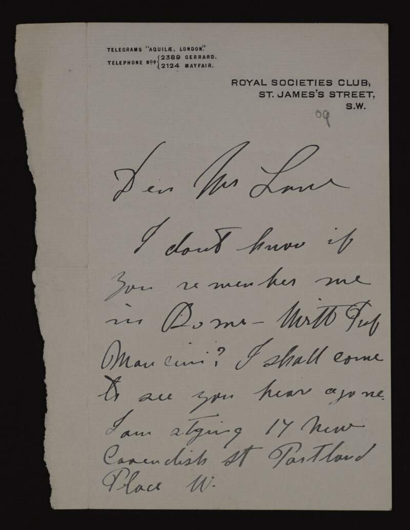 Letter from Antonio Sciortino to Hugh Lane, asking if he remembers him from Rome with Antonio Mancini, and hoping to visit him in London,