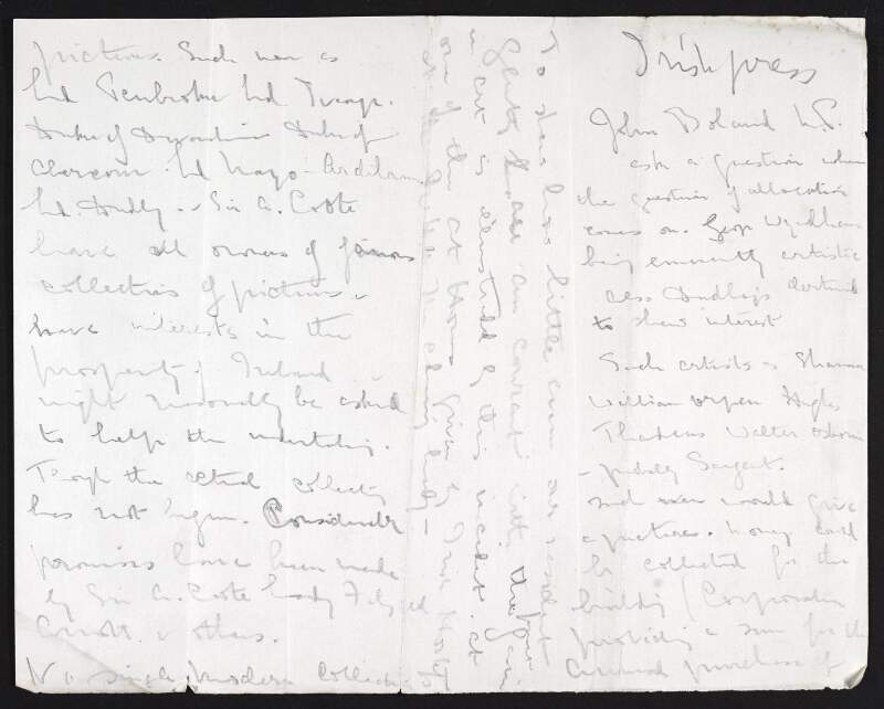 Notes by Hugh Lane regarding pictures promised, funding for and supporters of the establishment of the Municipal Gallery,