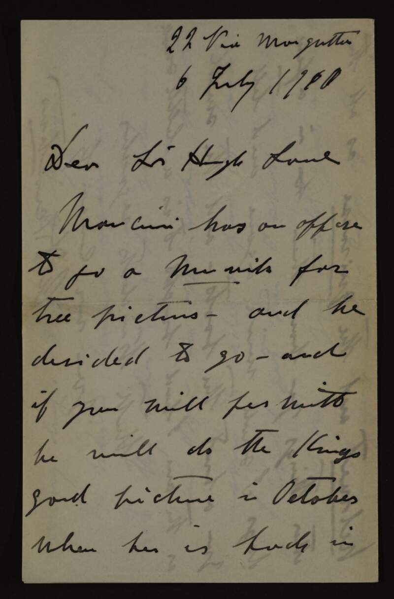 Letter from Antonio Sciortino to Hugh Lane about how Antonio Mancini has decided to go to Munich to see the pictures,