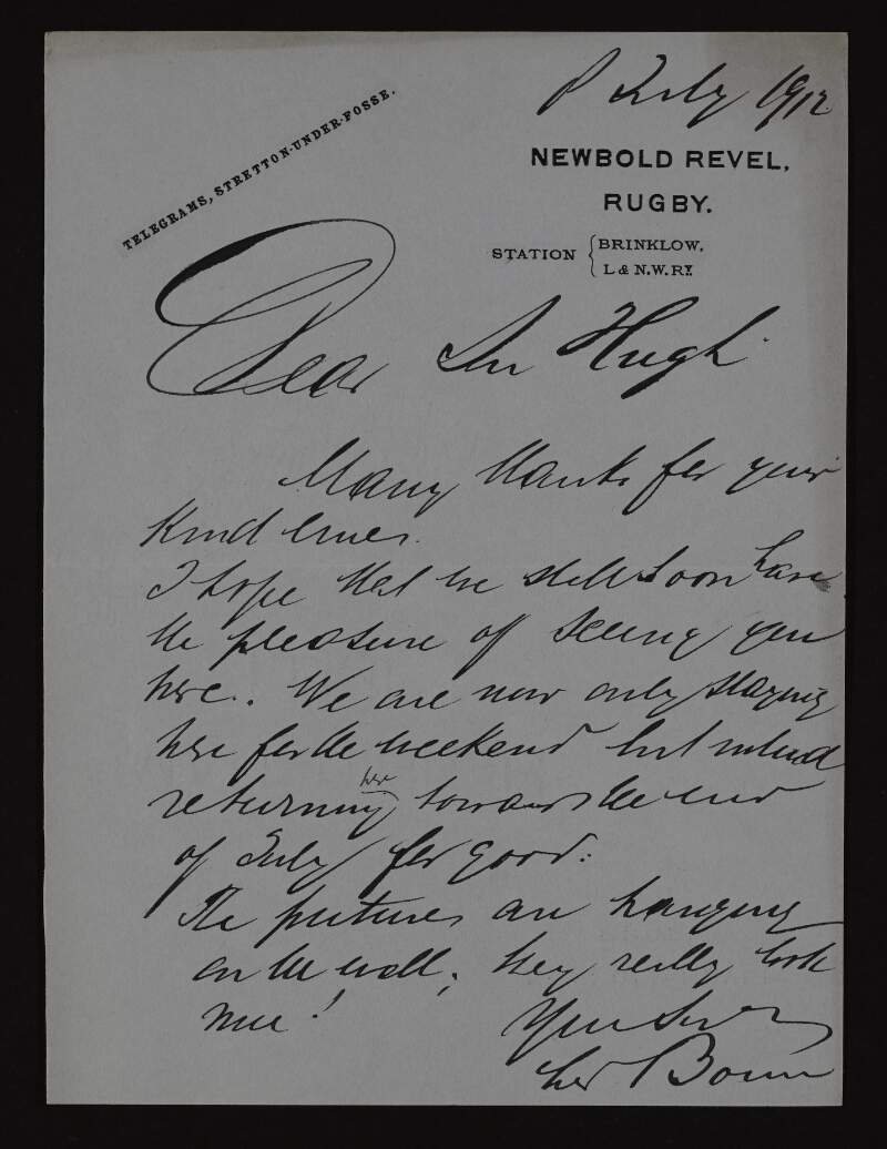 Letter from Leo Bonn to Hugh Lane hoping to see him soon and informing him that the pictures really look nice,