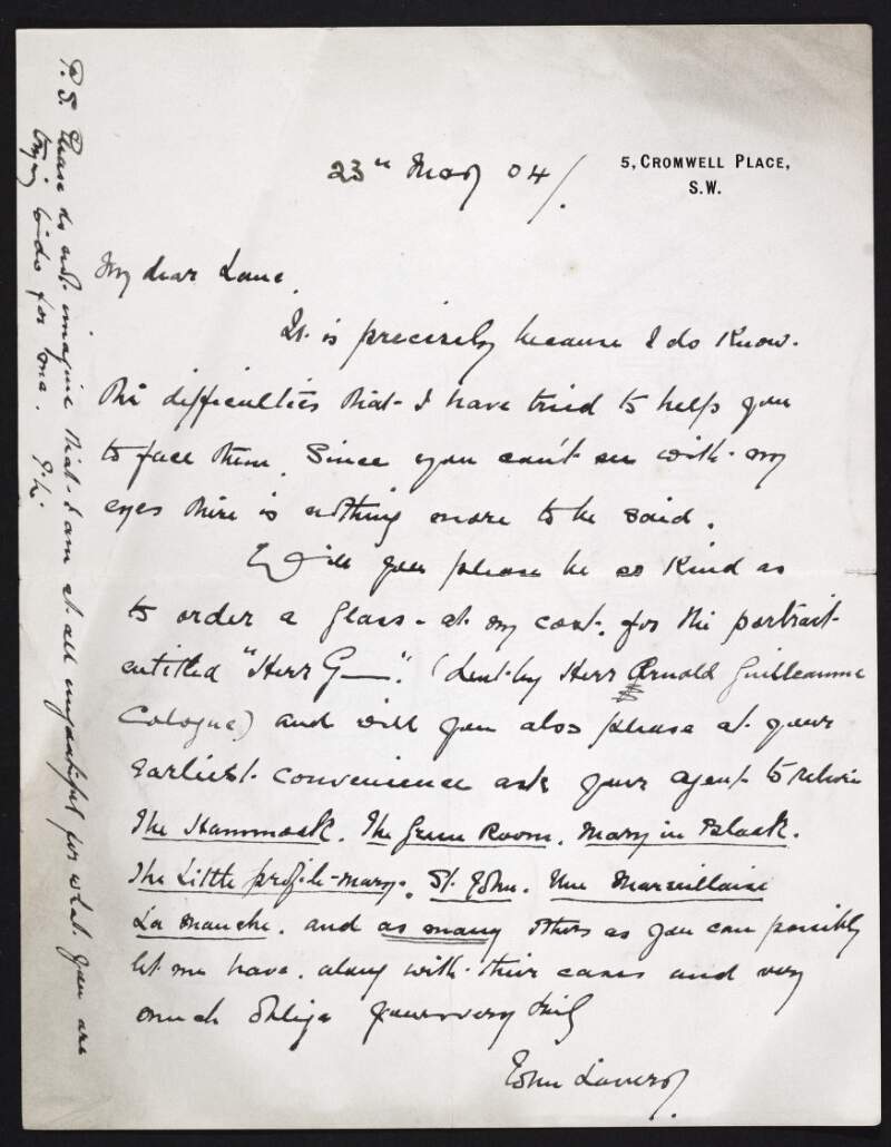 Letter from John Lavery to Hugh Lane asking him to order glass for a portrait and to return a number of Lavery's pictures,