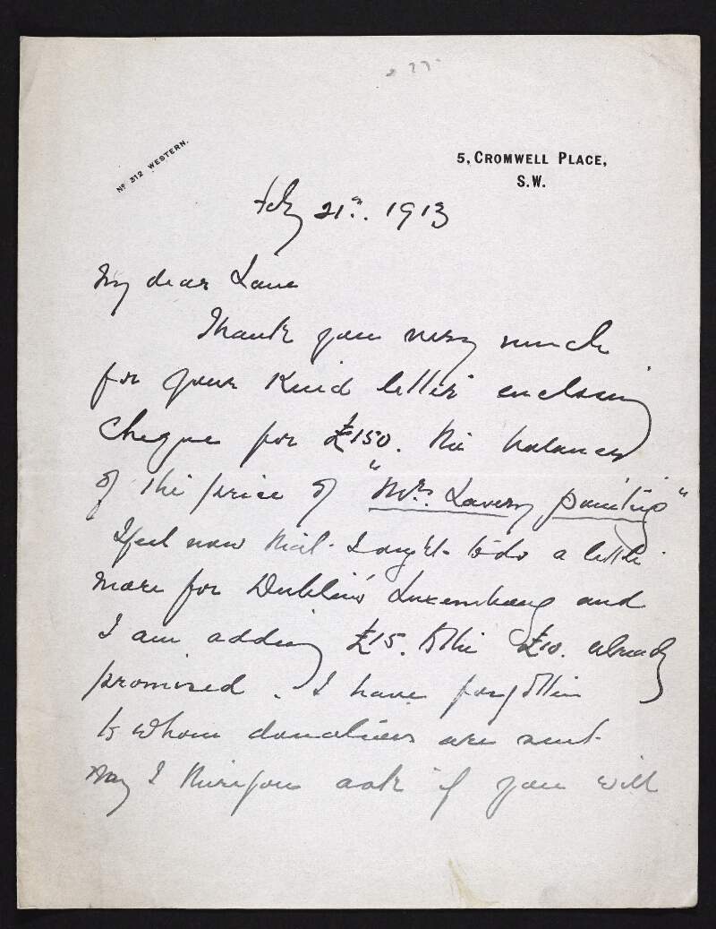 Letter from John Lavery to Hugh Lane acknowledging receipt of payment for a portrait and increasing his contribution to "Dublin's Luxembourg" [Municipal Gallery?],