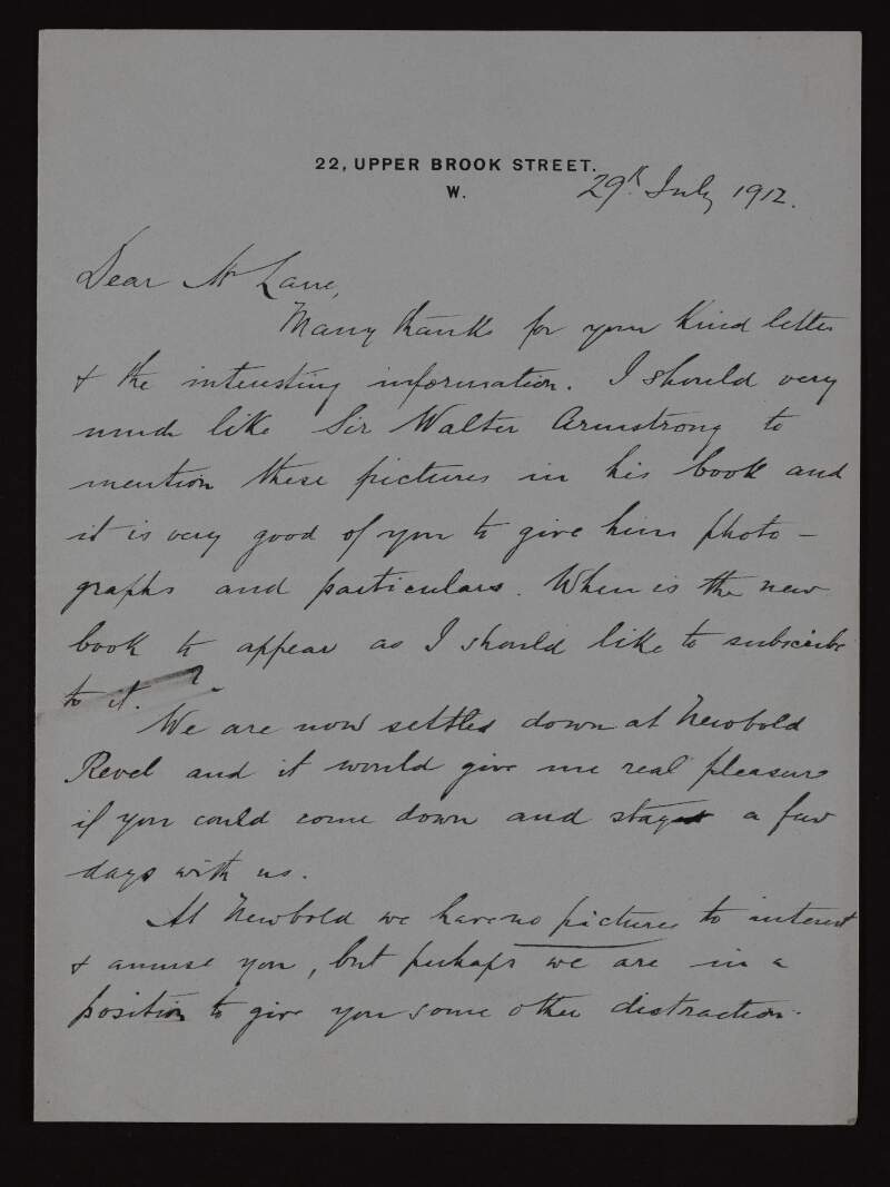Letter from Leo Bonn to Hugh Lane regarding Sir Walter Armstrong's new book and inviting him to stay at Newbold Revel,