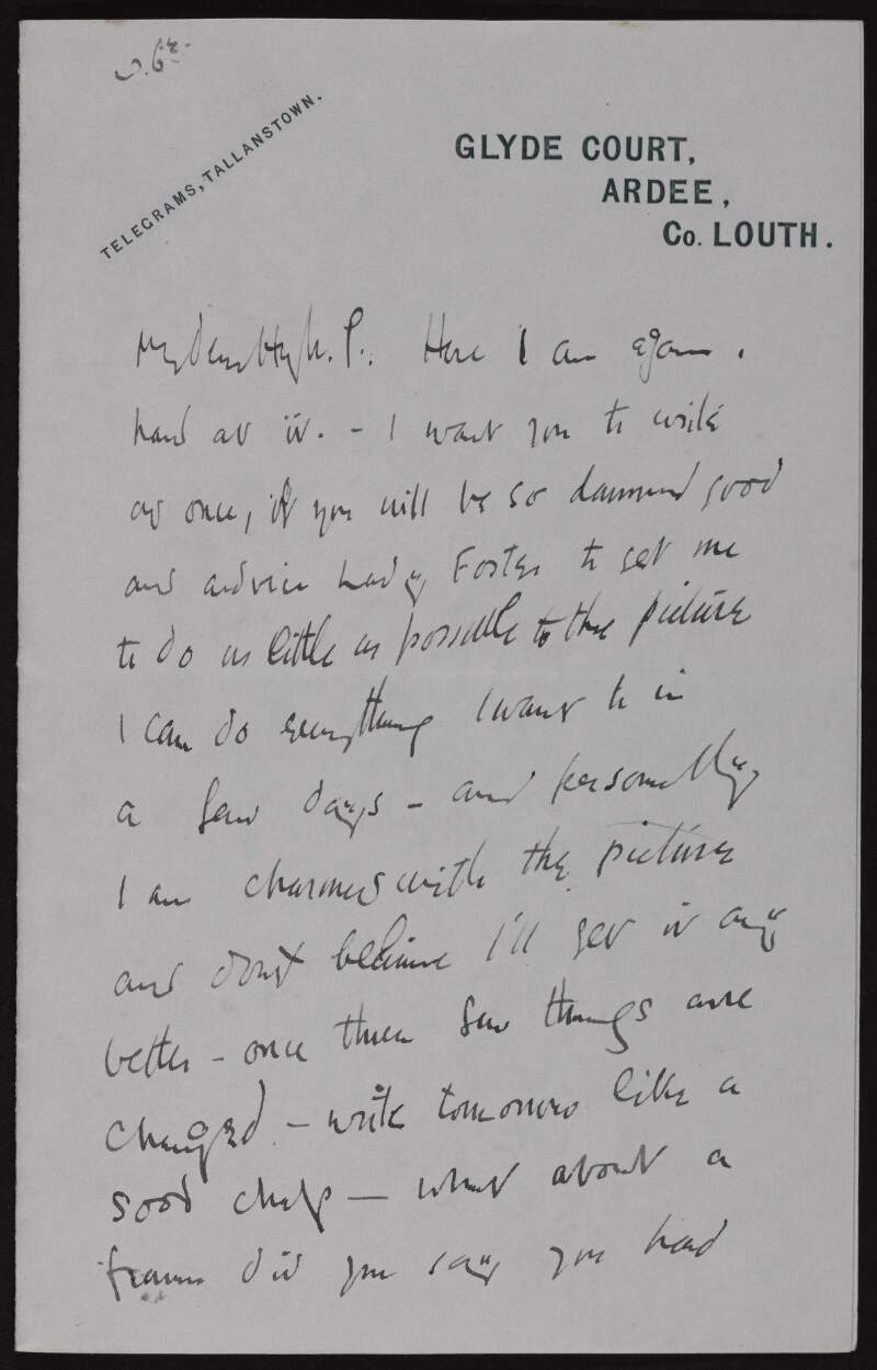 Letter from William Orpen to Hugh Lane asking him to advise Lady Foster that the picture is complete,