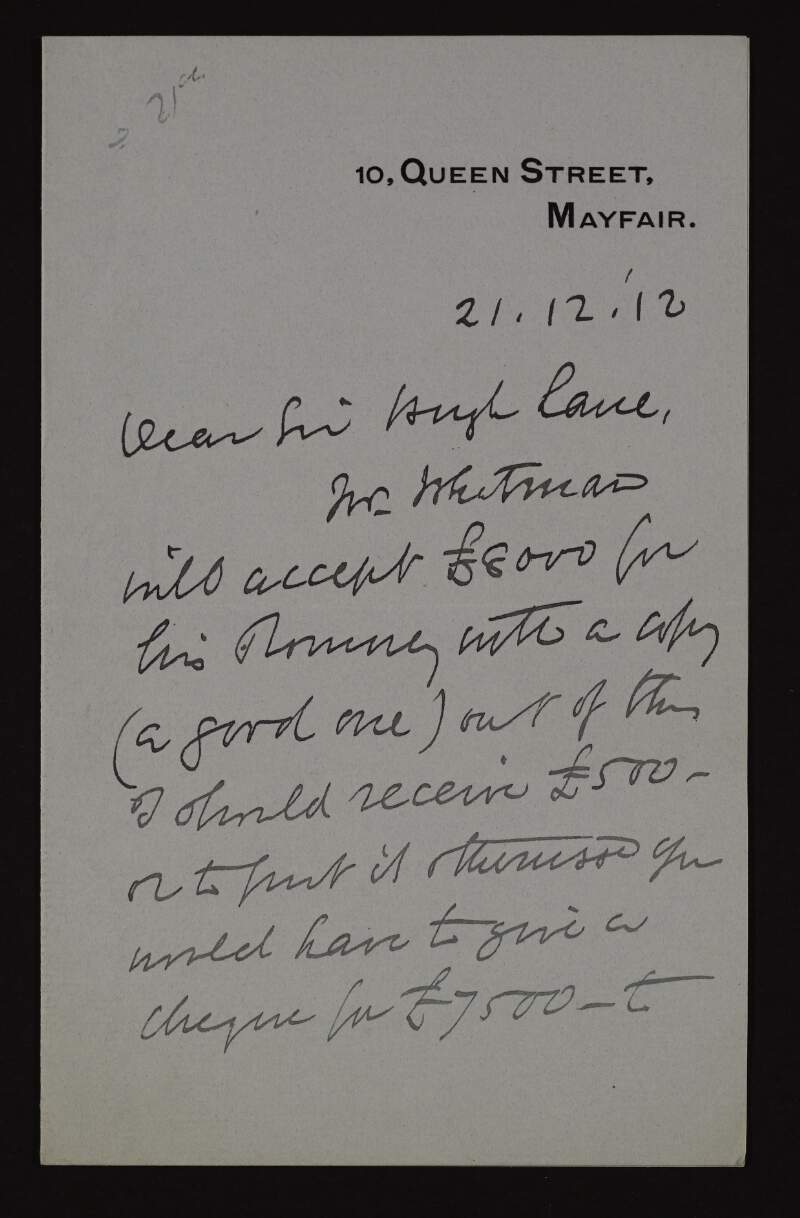 Letter from Lindo S. Meyers to Hugh Lane regarding the sale of pictures by Romney,