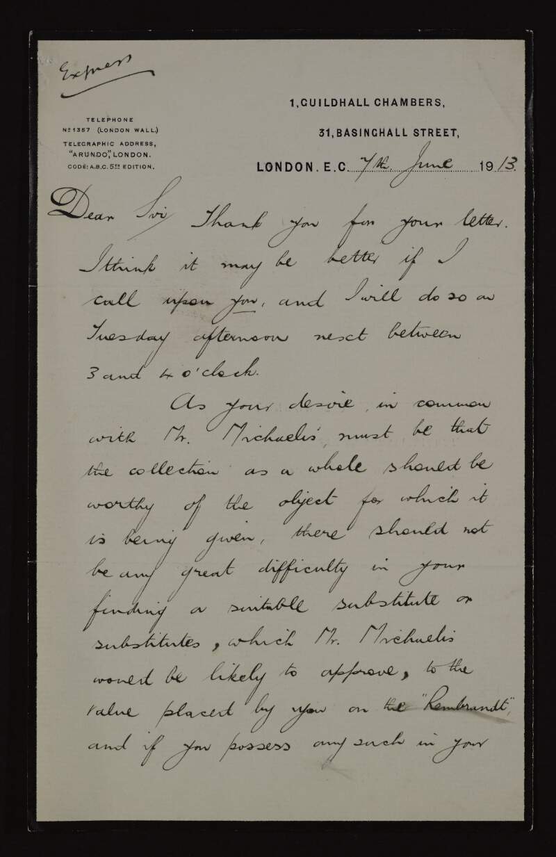 Letter from [E. E. Baron Reed?] to Hugh Lane regarding visiting Lane and referring to the value of a Rembrandt,