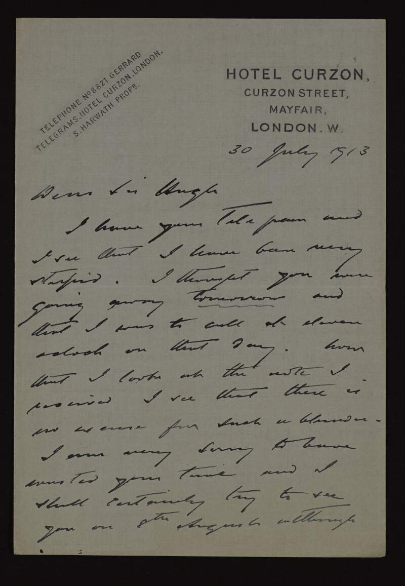 Letter from [J. G. Hulbery?] to Hugh Lane apologising for misunderstanding the time of their appointment,