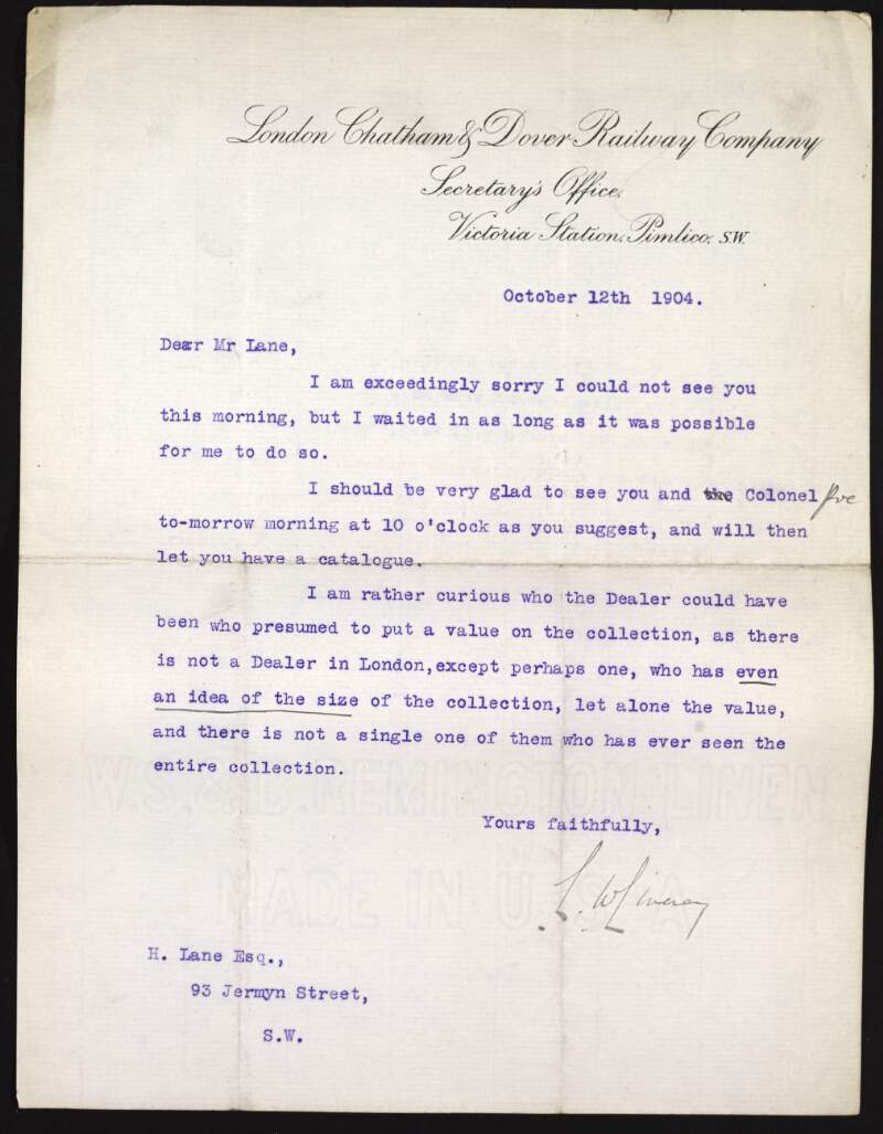 Letter from L.W. Livesey to Hugh Lane regarding arrangements to meet and a dealer who "presumed to put a value on the collection",