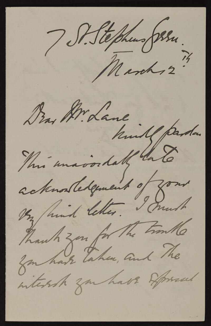 Letter from Walter Osborne to Hugh Lane thanking him for the trouble he has taken on his behalf,