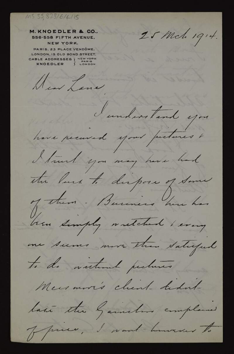 Letter from Charles S. Carstairs to Hugh Lane regarding when he is setting sail next, various artwork and congratulating Lane for being made curator of the Dublin Gallery,