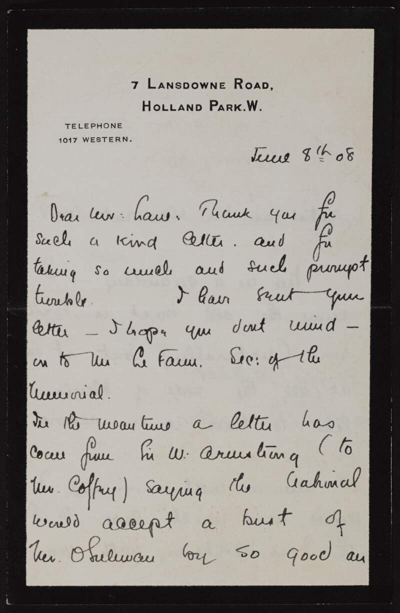 Letter from Bessie O'Sullivan to Hugh Lane thanking him for his help and advises he has sent on his letter to Mr. Le Fanu,