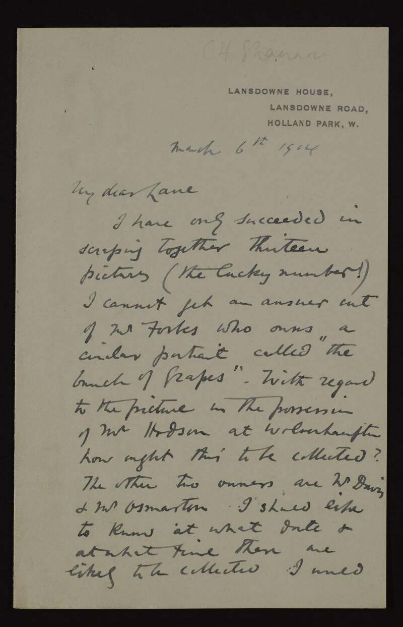 Letter from Charles Hazelwood Shannon to Hugh Lane, saying he has assembled thirteen pictures - "the lucky number!" - and asking for what time they would be collected,