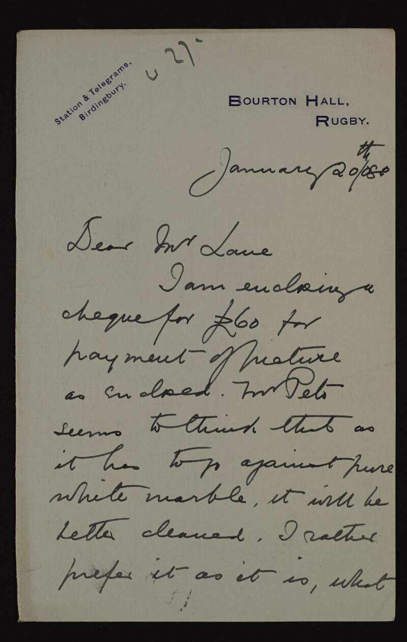 Letter from James Frederick Shaw to Hugh Lane regarding a cheque for £60 for the payment of the picture as ordered,
