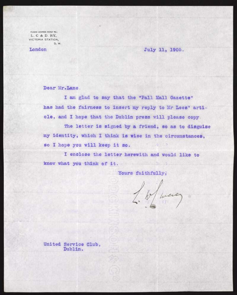 Letter from L.W. Livesey to Hugh Lane informing him of the publication of Livesey's enclosed letter [not extant] to the 'Pall Mall Gazette' ,