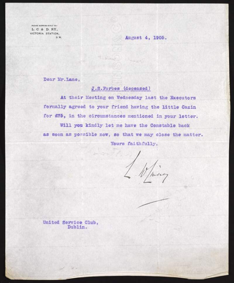 Letter from L.W. Livesey to Hugh Lane agreeing that a friend of Lane's may purchase a work by Cazin, and requesting the return of a work by Constable,