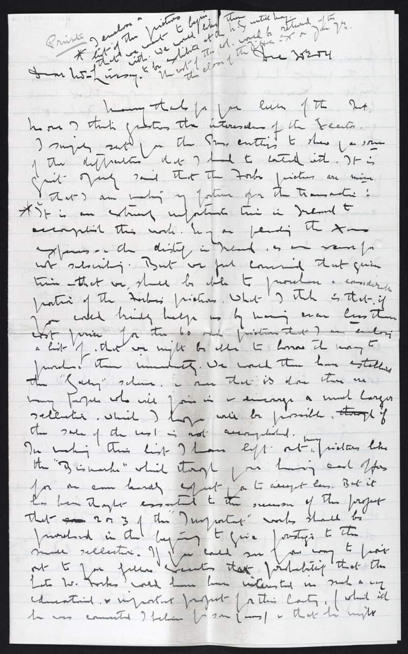 Letter from Hugh Lane to L.W. Livesey regarding Lane's difficulties in trying to purchase for Dublin pictures from the J. Staat Forbes collection and the selection of 60 pictures for which he requests prices,