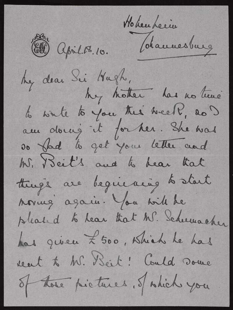 Letter from Edith Phillips to Hugh Lane writing on behalf of her mother who is glad to hear that things are moving again,