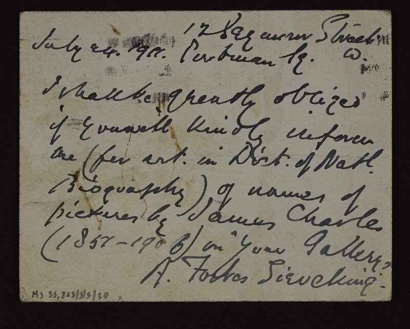 Letter from Albert Forbes Sieveking to Hugh Lane, asking for the names of the pictures of James Charles in his gallery,