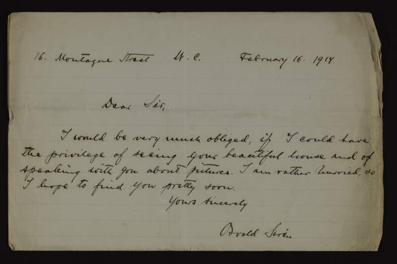 Letter from Osvald Sirén to Hugh Lane, asking if he could see Lane's house and talk with him about pictures,