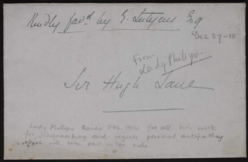 Letter from Lady Florence Phillips to Hugh Lane lauding him for his contribution to art in Johannesburg and South Africa,