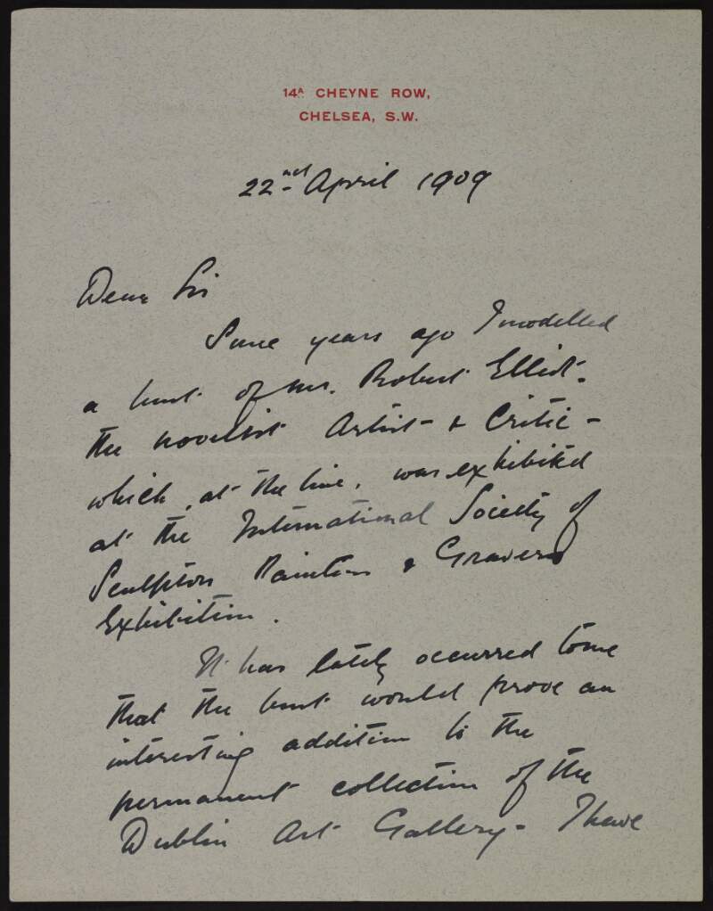 Letter from Charles James Pibworth to Hugh Lane regarding a bust he might like for the Dublin Art Gallery,