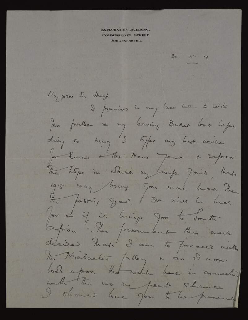 Letter from J.M. Solomon to Hugh Lane regarding how he is to proceed with the Michaelis Gallery, and how Baker has behaved in a thoroughly dishonest manner,