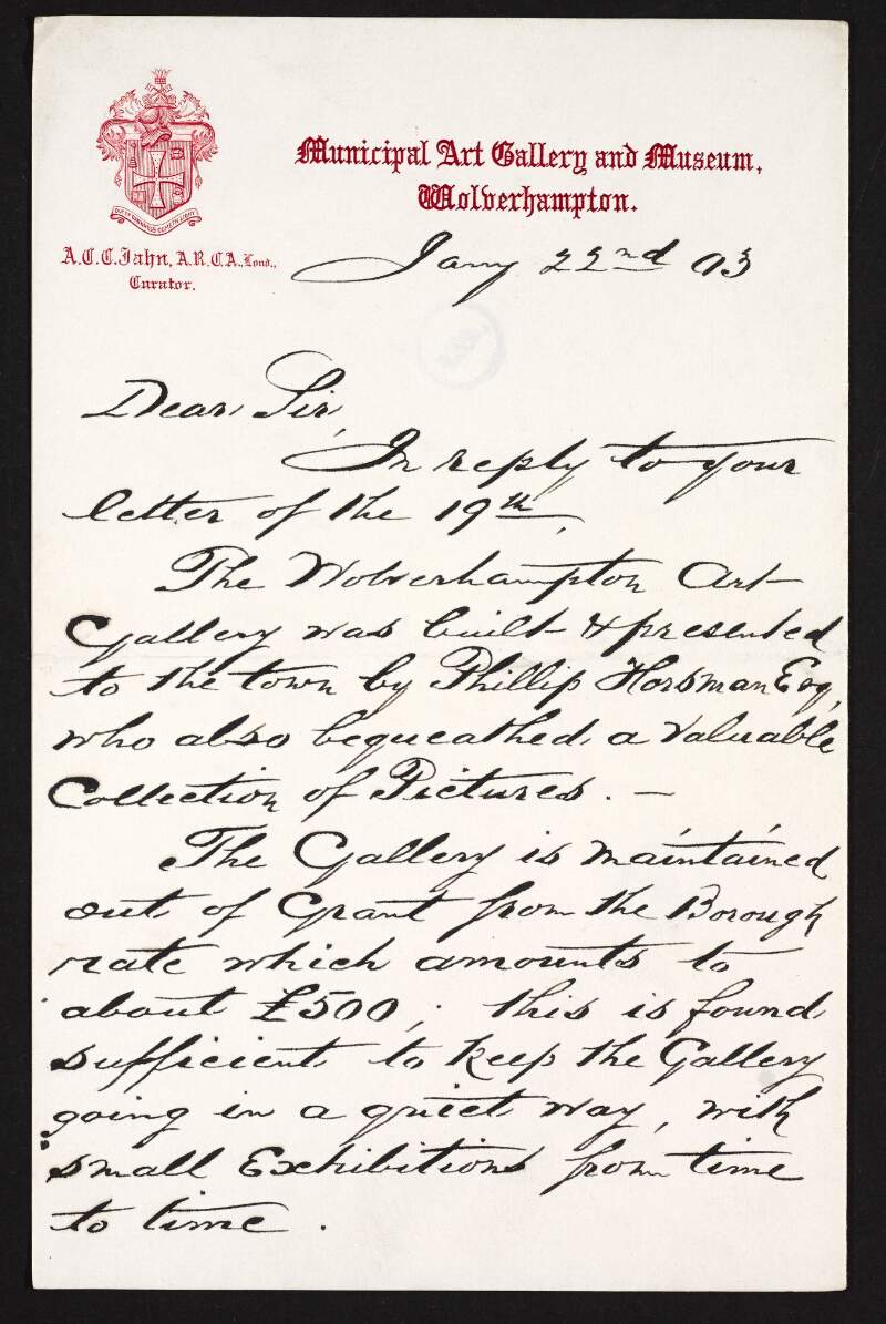 Letter from A.C.C. Jahn to [Hugh Lane] providing information on the financing of the Wolverhampton Art Gallery,